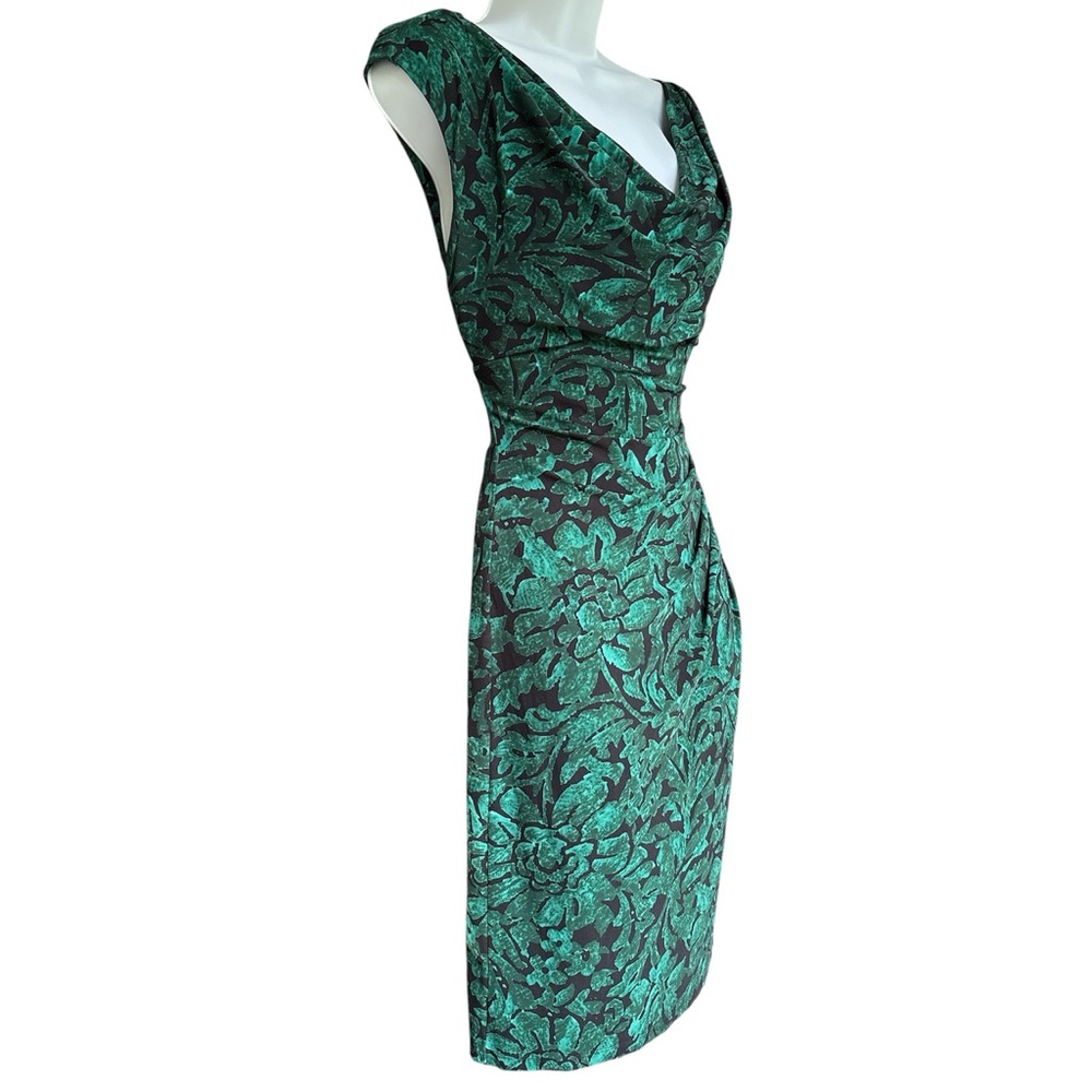 Ralph Lauren Stretch Bodycon Ruched Scoop Black Teal Floral Sheath Midi Dress - Picture 2 of 11
